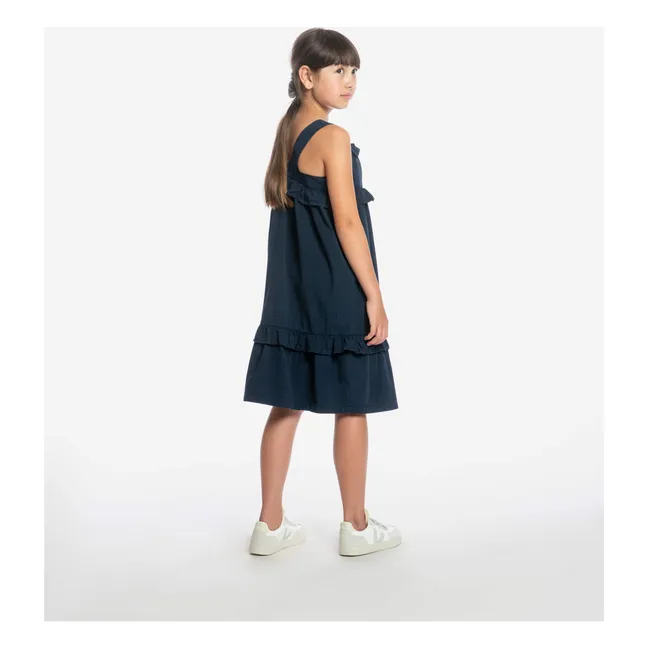 Robe Mi-Longue Frill Coton Bio | Bleu marine