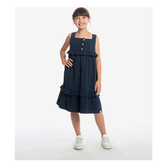 Robe Mi-Longue Frill Coton Bio | Bleu marine