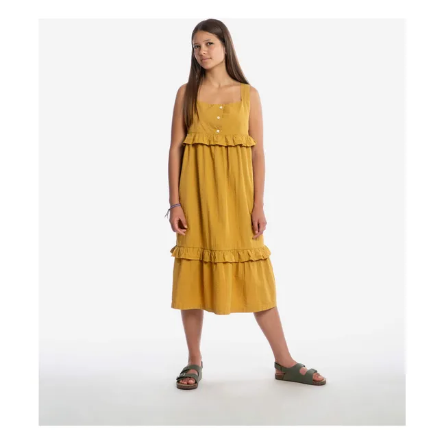 Robe Mi-Longue Frill Coton Bio | Jaune moutarde