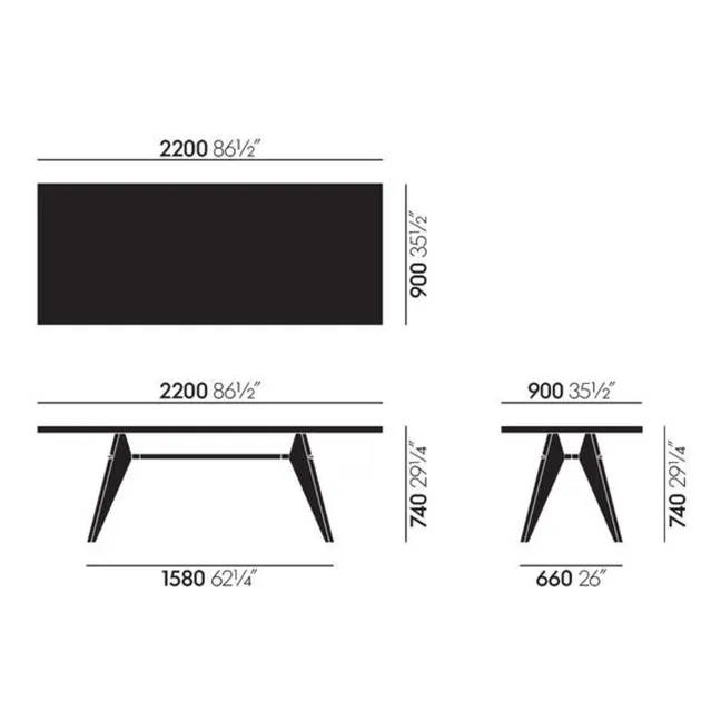 EM Tisch aus geölter Natureiche 220x90 cm - schwarzes Gestell - Jean Prouvé | Eiche