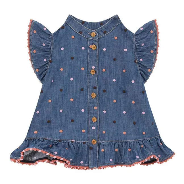 Awaken Pois Sleeveless Denim Blouse | Dark Blue