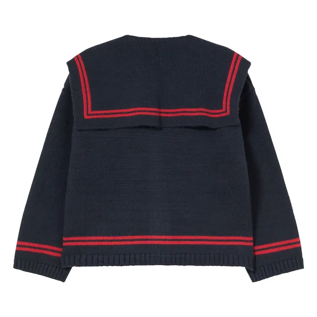 Cardigan Col Carré Rayé Laine | Bleu marine