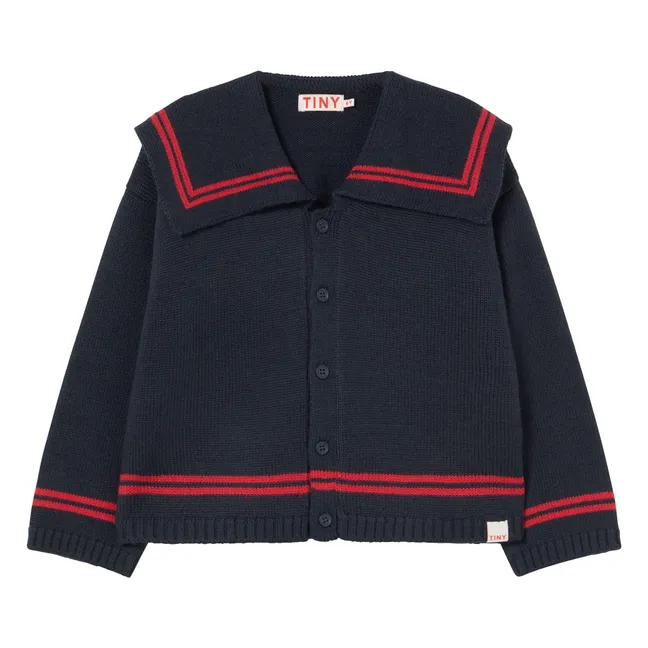 Cardigan Col Carré Rayé Laine | Bleu marine