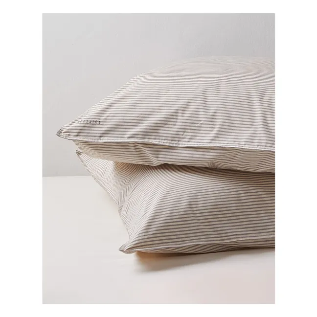 Funda de almohada a rayas en percal bio - Marrón-Crudo | Marrón