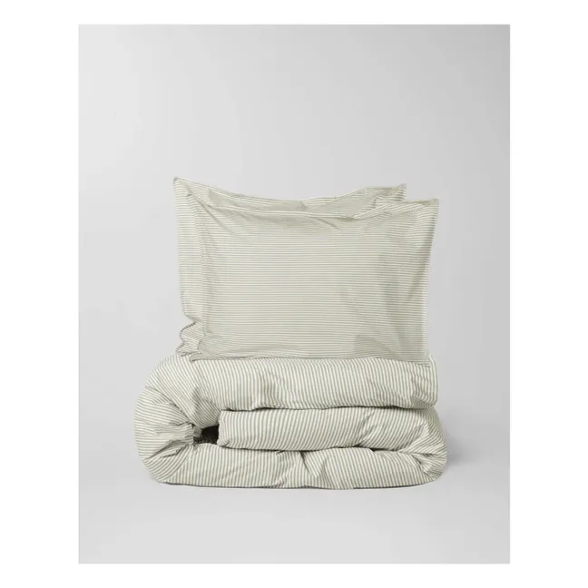 Housse de couette Striped en percale organique - Olive-Ecru | Olive