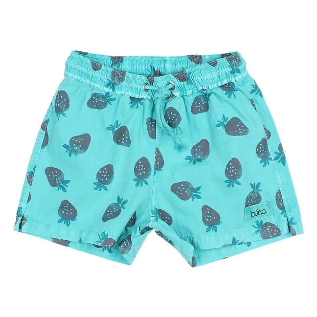 Short de Bain Fraises Popeline Coton Bio | Bleu turquoise