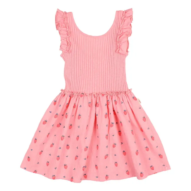 Robe Côtelée Fraises Volants Coton Bio | Rose tendre