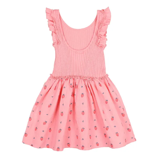 Vestido de canalé Fresas Volantes Algodón orgánico | Rosa Bombón