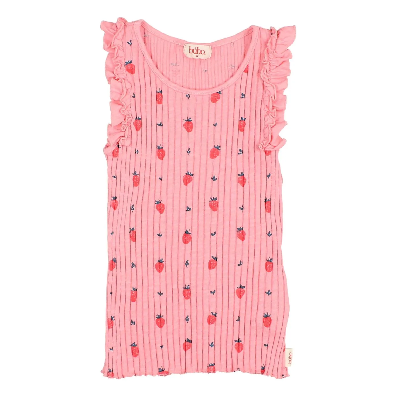 Búho Candy Pink Ribbed Tank Top Strawberry Ruffles Organic Cotton