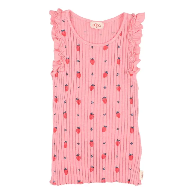 Débardeur Côtelé Fraises Volants Coton Bio | Rose bonbon