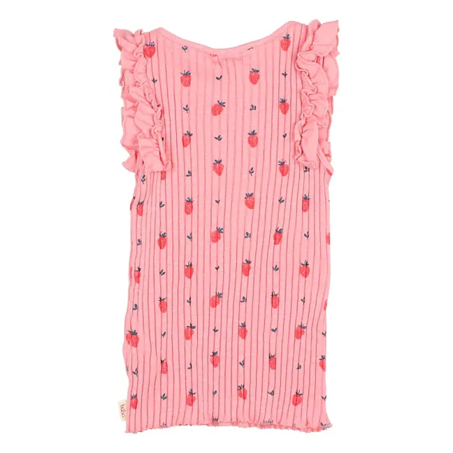 Débardeur Côtelé Fraises Volants Coton Bio | Rose bonbon
