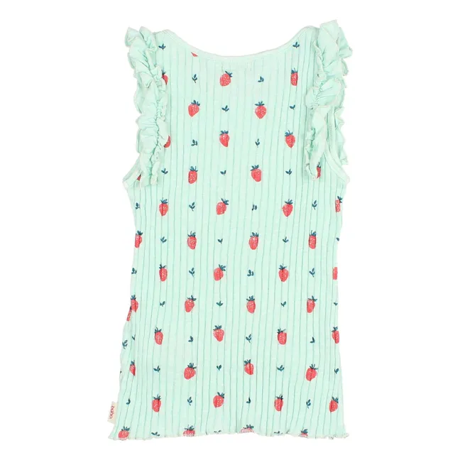 Débardeur Côtelé Fraises Volants Coton Bio | Aqua