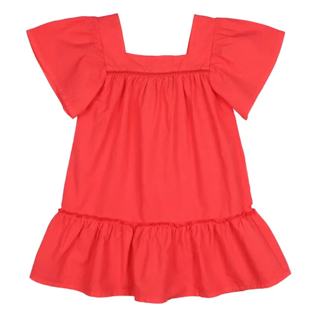 Organic cotton poplin flounce dress | Red