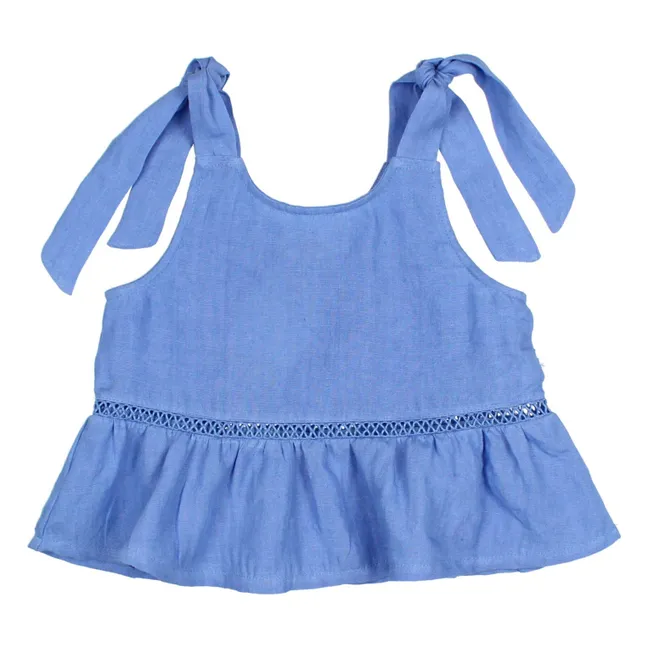 Top de lino con volantes | Azul índigo