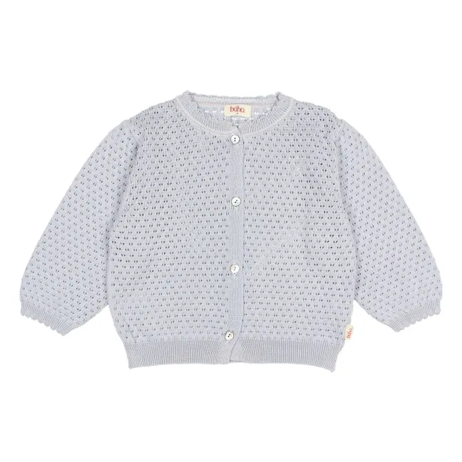 3/4 Sleeve Pointelle Organic Cotton Cardigan | Pale blue