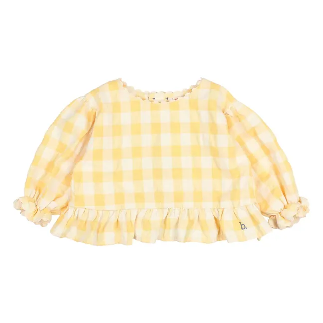 3/4 Sleeve Gingham Seersucker Blouse | Yellow