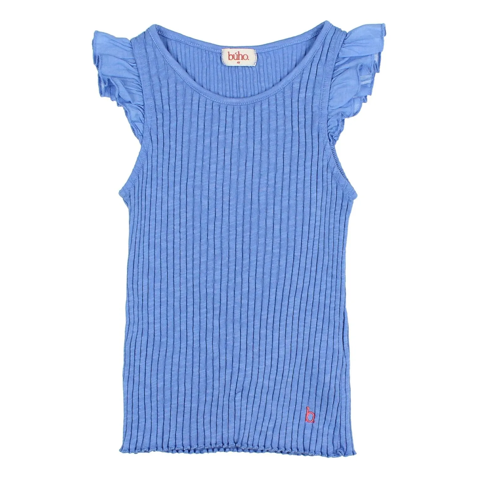 Búho Azure Blue Ribbed Tank Top With Organic Cotton Ruffles