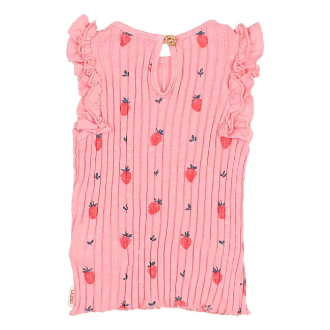 Top Côtelé Fraises Coton Bio | Rose tendre