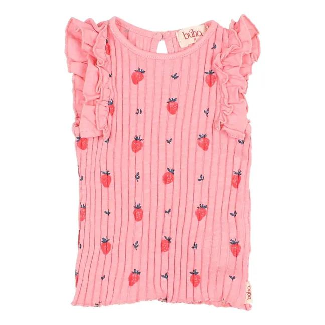 Top Côtelé Fraises Coton Bio | Rose tendre