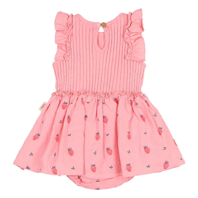 Robe Barboteuse Côtelée Fraises Coton Bio | Rose tendre
