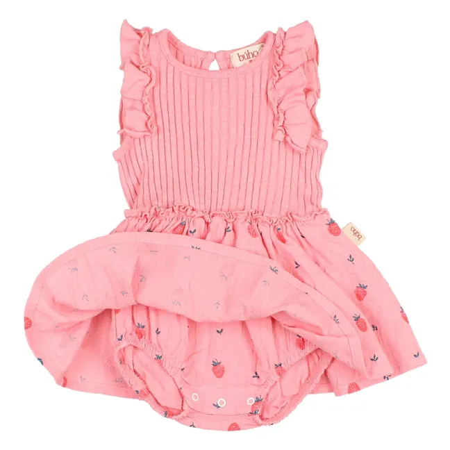 Robe Barboteuse Côtelée Fraises Coton Bio | Rose tendre