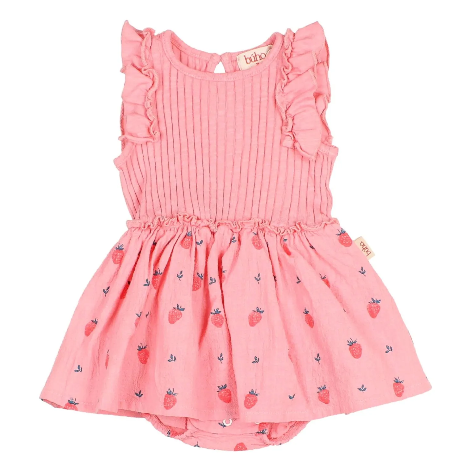 Búho Soft Pink Ribbed Romper Dress Strawberry Organic Cotton