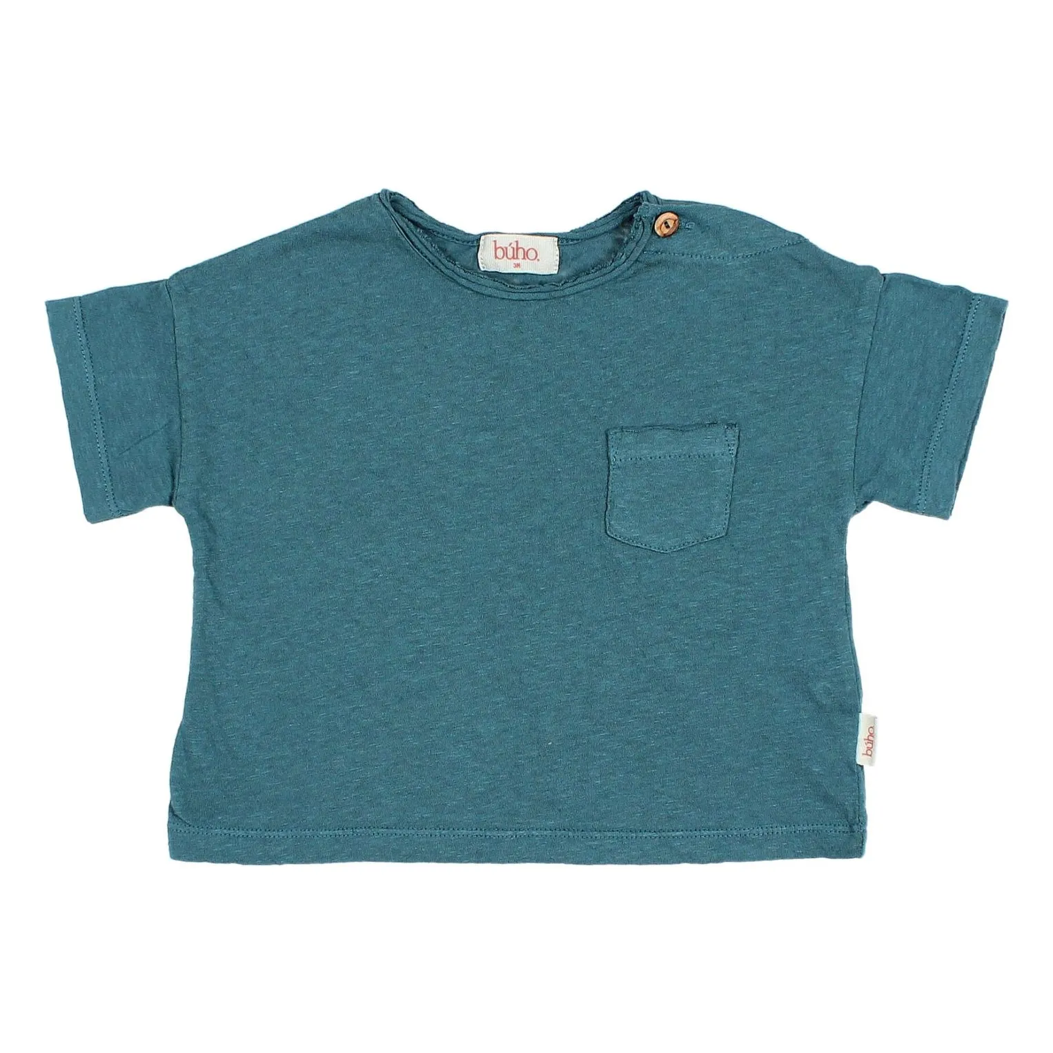 Búho - T-shirt Manches Courtes - Bleu Canard - Lin - 6 mois