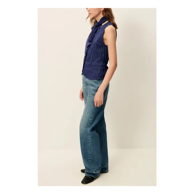 Fernando Linen Stripes Sleeveless Blouse | Navy blue