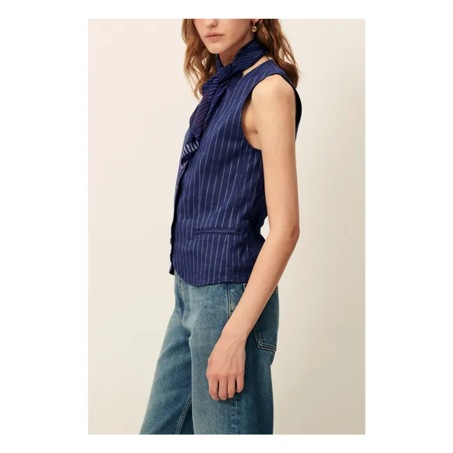 Fernando Linen Stripes Sleeveless Blouse | Navy blue