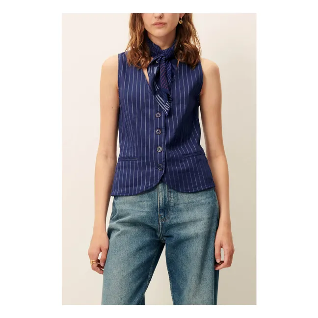 Fernando Linen Stripes Sleeveless Blouse | Navy blue