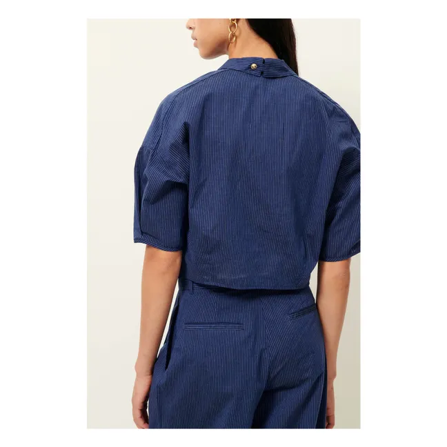 Camisa U de rayas de algodón | Azul Marino