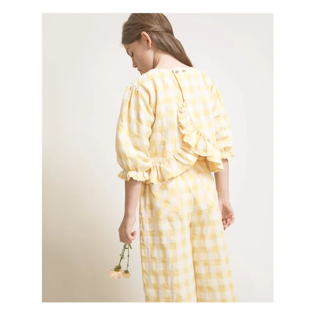 Blusa Seersucker de cuadros de manga 3/4 | Amarillo