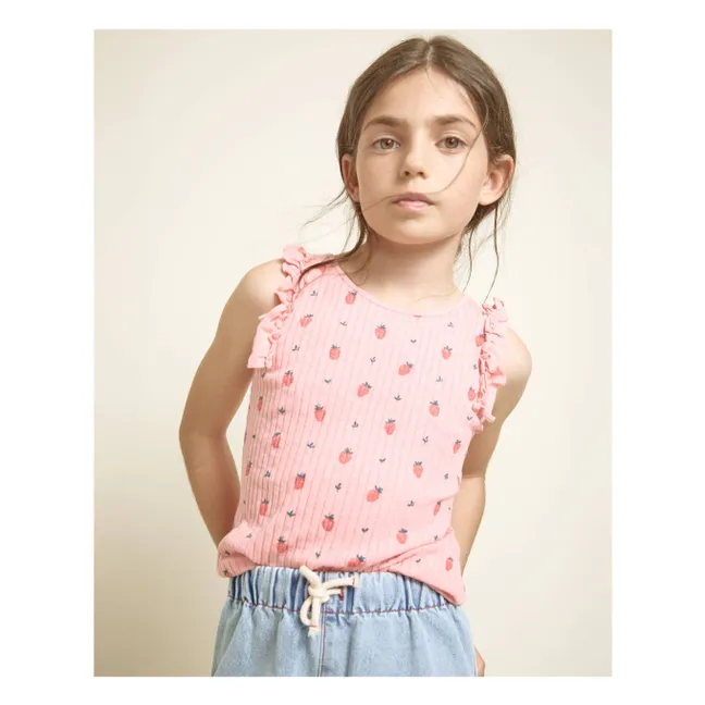 Débardeur Côtelé Fraises Volants Coton Bio | Rose bonbon