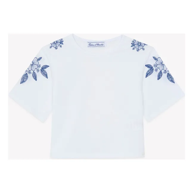 T-Shirt mit Blumenstickerei | Weiß