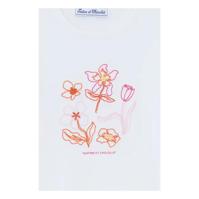 Camiseta de manga abullonada bordada con flores | Blanco