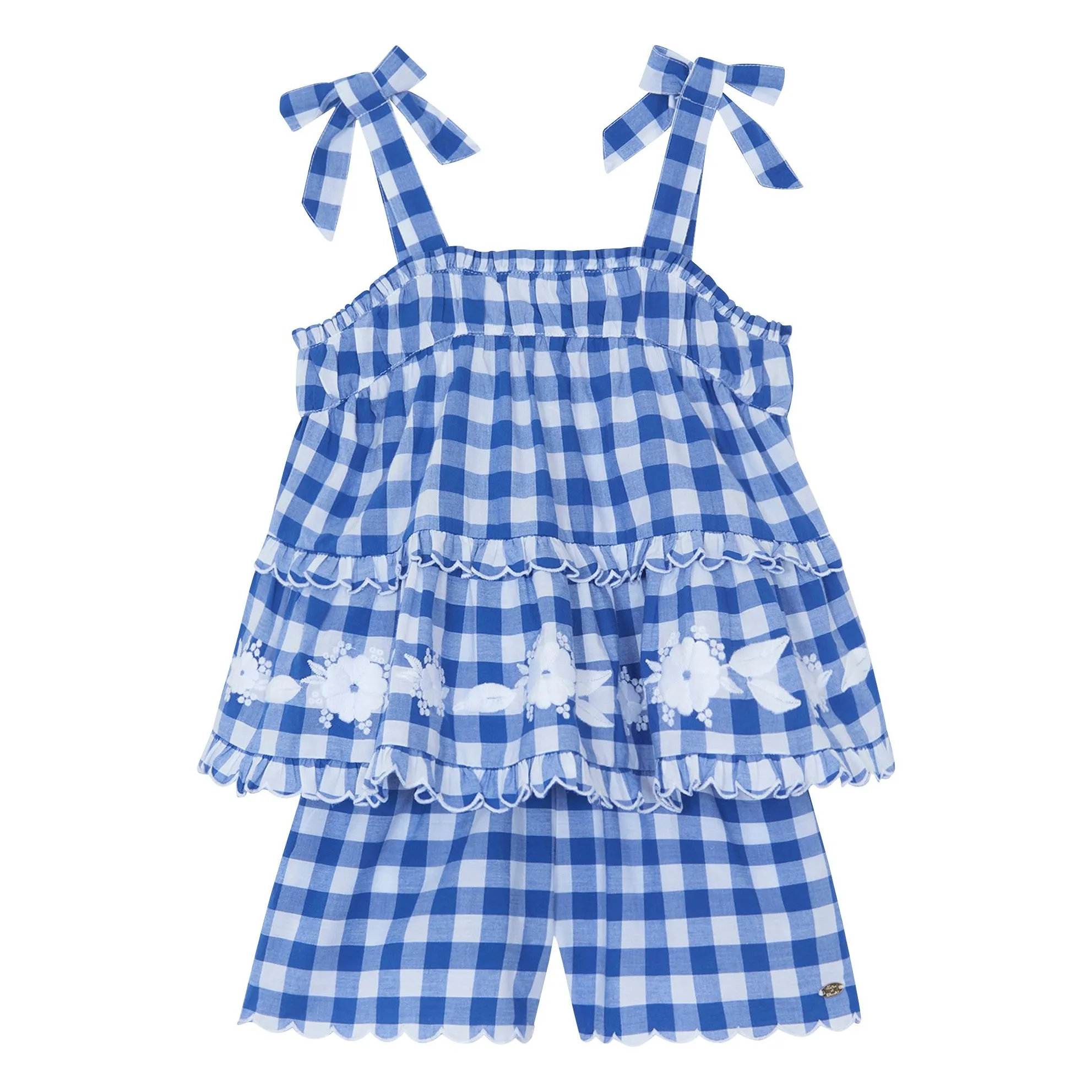 Tartine Et Chocolat Royal Blue Embroidered Top And Gingham Shorts Set