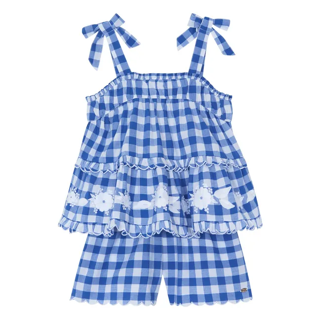 Embroidered Top and Gingham Shorts Set | Royal blue