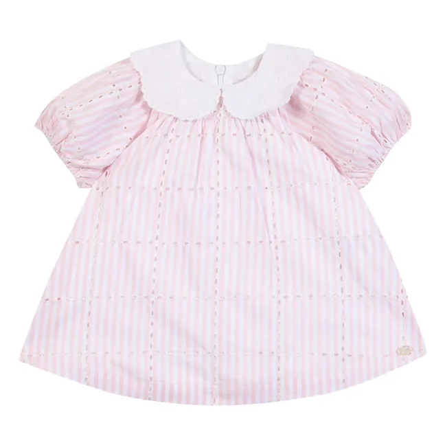 Robe Col Claudine Brodée Rayée | Rose poudré