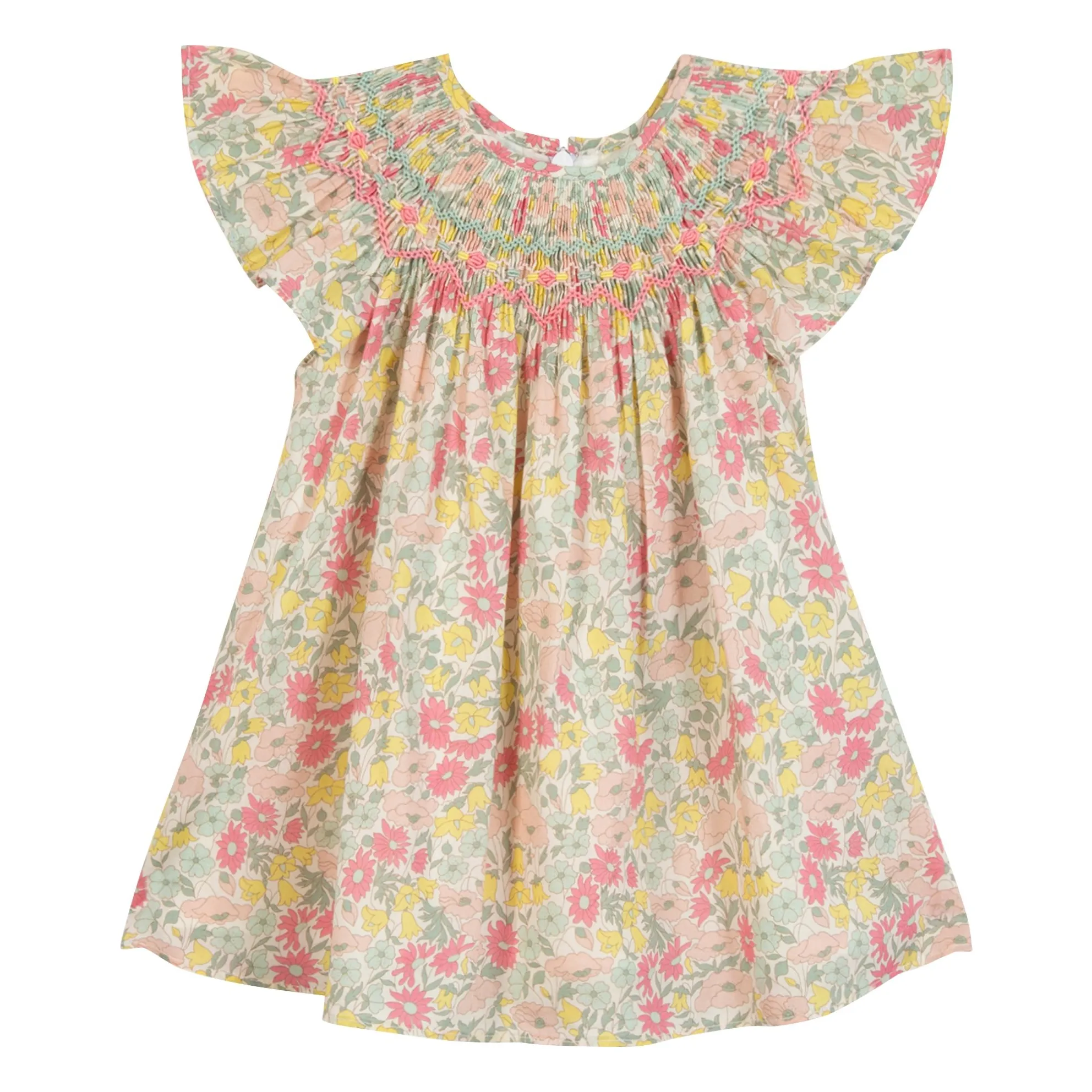Tartine Et Chocolat Girls Yellow Flowery Smocked Dress