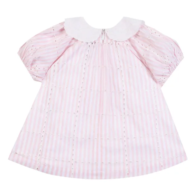 Robe Col Claudine Brodée Rayée | Rose poudré
