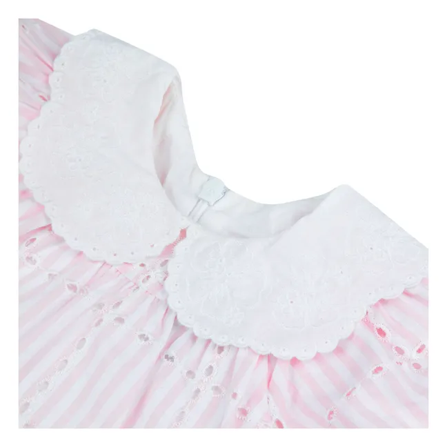 Robe Col Claudine Brodée Rayée | Rose poudré