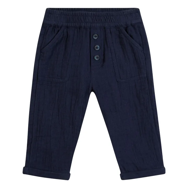 Pantalones de gasa de algodón con botones | Azul Marino- Imagen del producto n°0