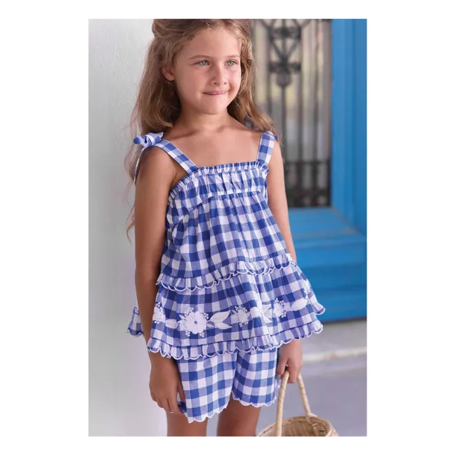 Embroidered Top and Gingham Shorts Set | Royal blue