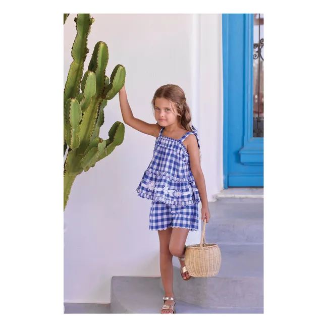 Ensemble Top Brodé et Short Vichy | Bleu roi