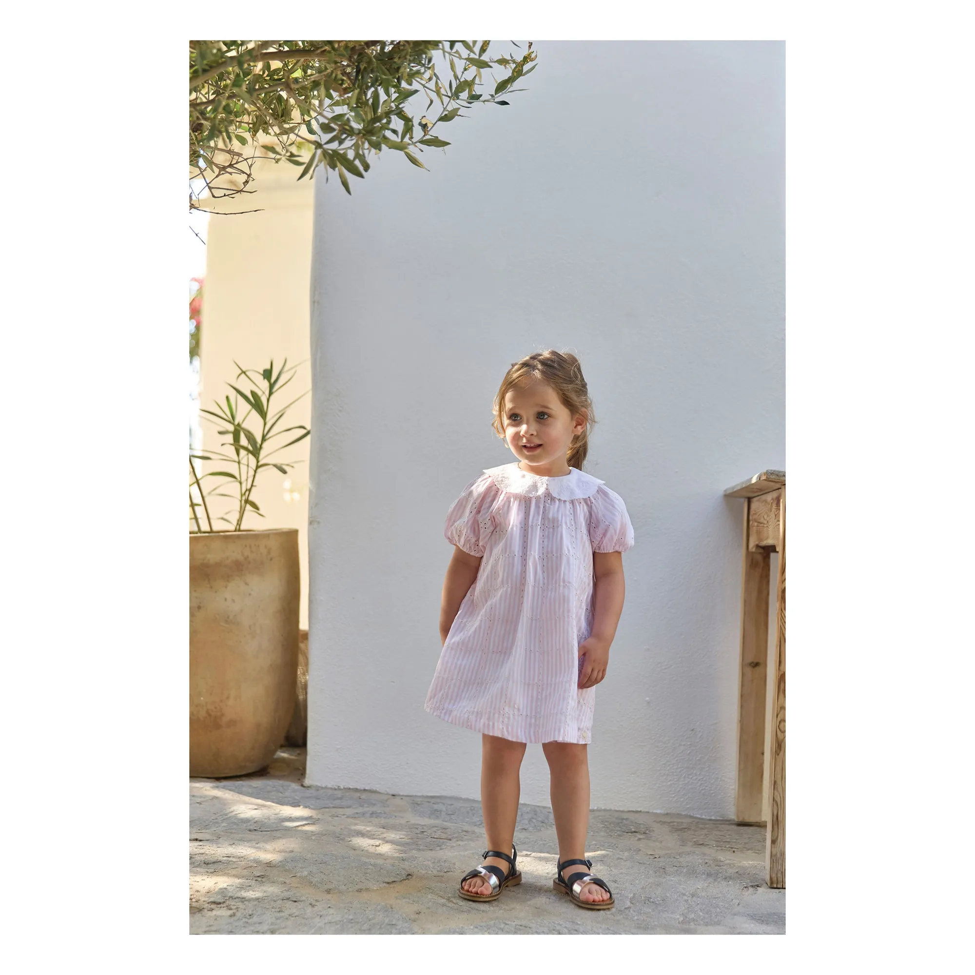 Robe Col Claudine Brodée Rayée | Rose poudré- Image produit n°1