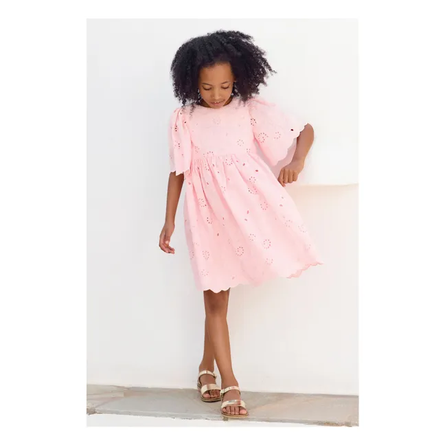 Robe Manches Bouffantes Brodée Fleurs | Rose poudré