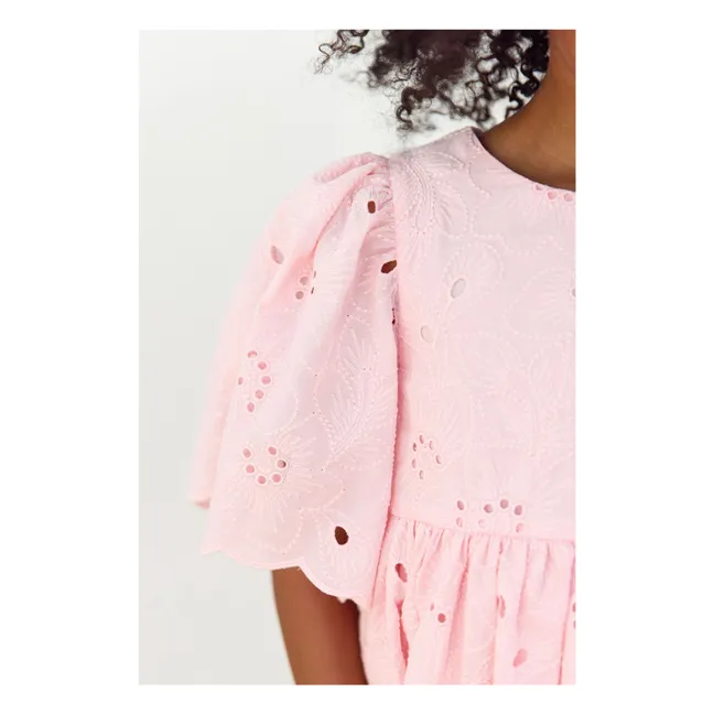 Robe Manches Bouffantes Brodée Fleurs | Rose poudré