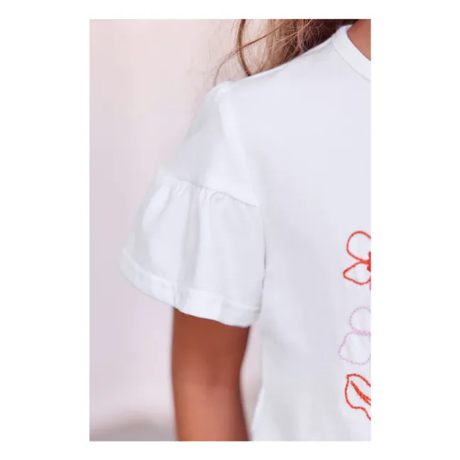 T-shirt Manches Bouffantes Brodé Fleurs | Blanc