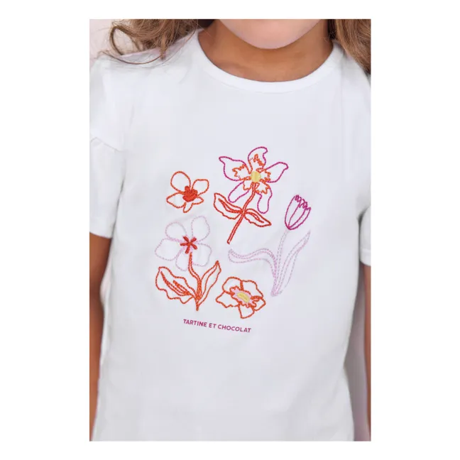 Camiseta de manga abullonada bordada con flores | Blanco