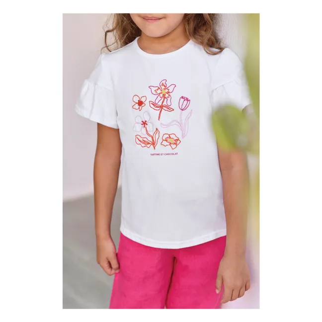 Camiseta de manga abullonada bordada con flores | Blanco